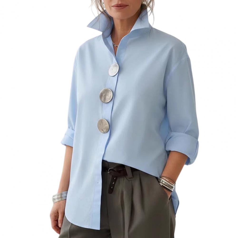 Chemisier d'été pour femme à col revers, manches longues, coupe ample, boutons métalliques, couleur unie, pour le travail, les fêtes et les tenues décontractées