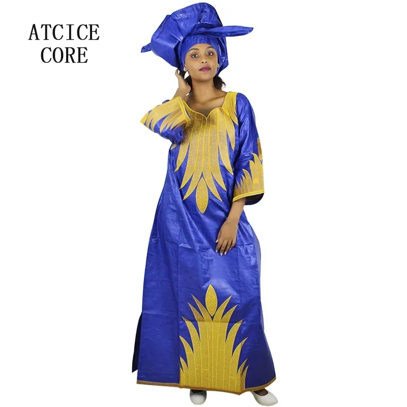 Robe africaine longue en tissu bazin riche pour femme, tenue brodée avec cravate de sauna