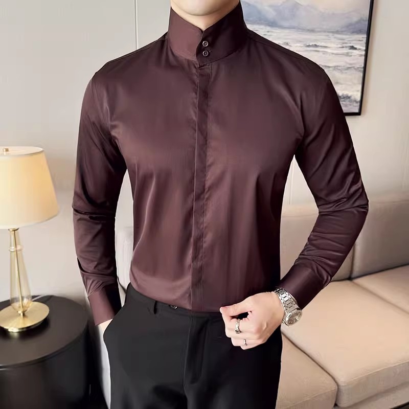 Mode col haut chemises hommes printemps automne couleur unie à manches longues Style coréen chemises décontractées intelligentes hommes coupe ajustée Stand chemise
