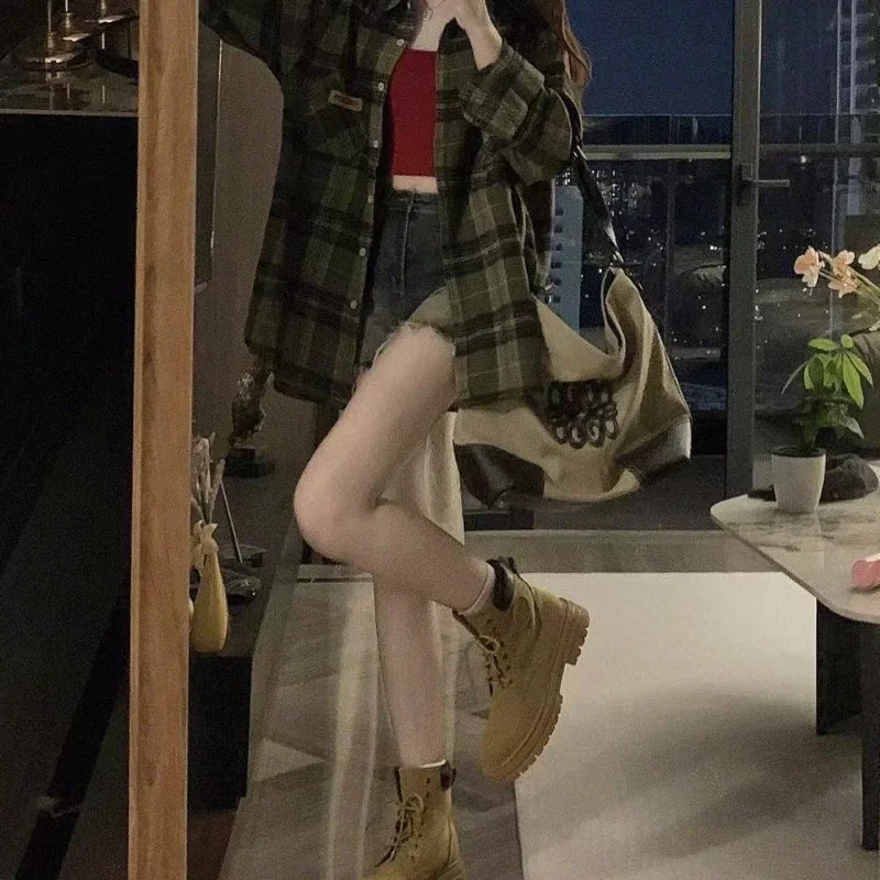 Chemise Tartan à manches longues pour femmes, col boutonné, surdimensionnée, à carreaux, veste Grunge, mode adolescente, tenue printemps été