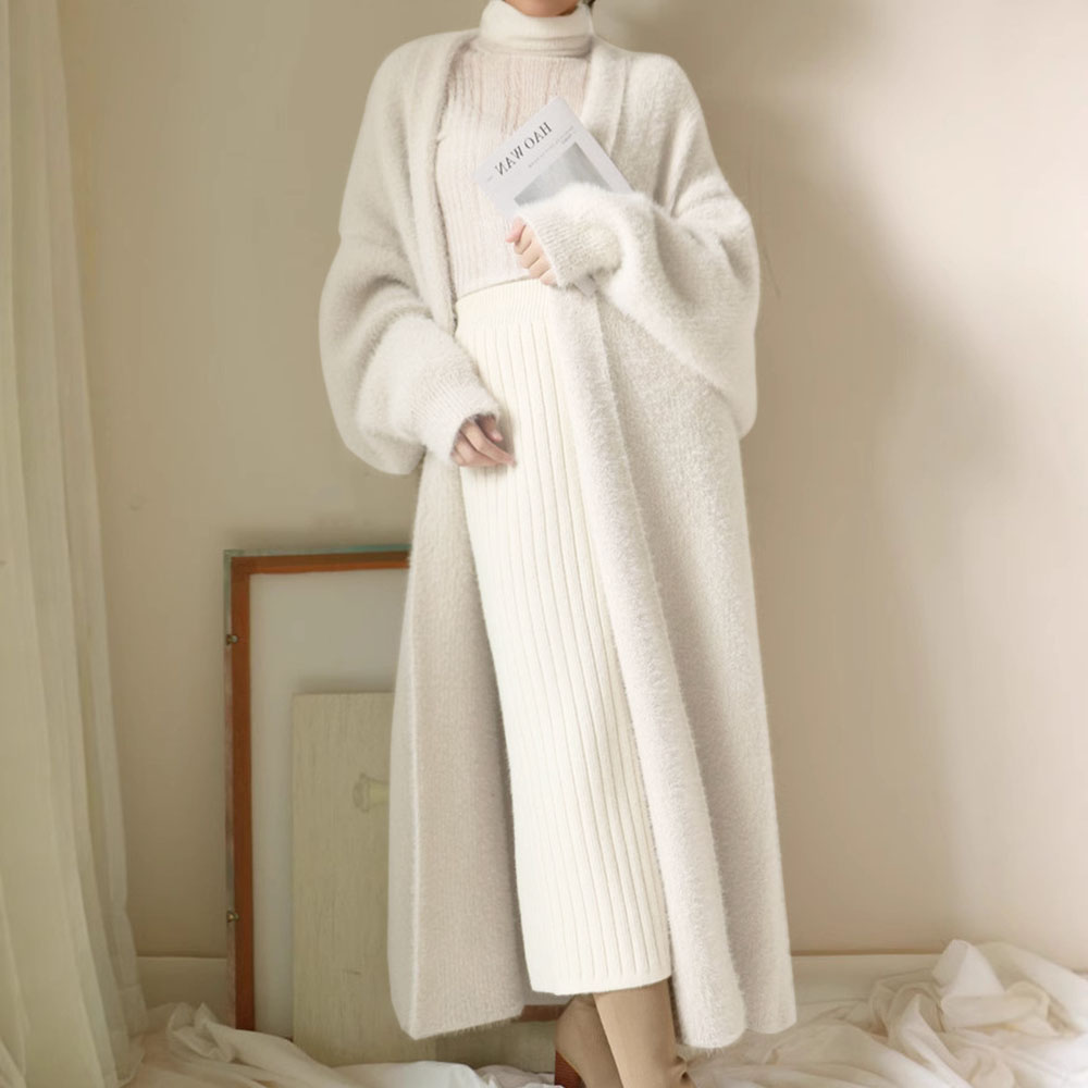 Cardigan Long blanc pour femmes, vêtements d'hiver tricotés, moelleux, manches longues, pull en cachemire, manteau, style clotkoréen, chaud, vintage