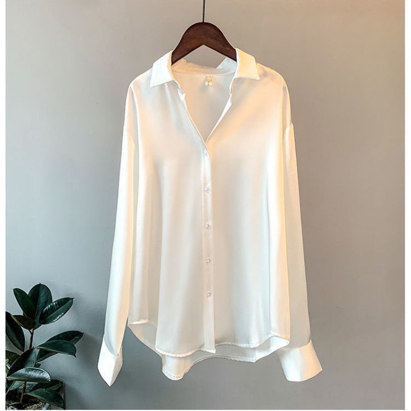 Chemises élégantes et luxueuses pour femmes, manches longues, chemisiers en satin, tenue de bureau pour femme, chemise ample boutonnée, haut blanc, nouvelle collection printemps-automne.