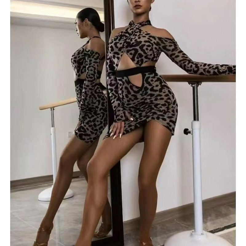 Femmes robe de danse latine Sexy à manches longues imprimé léopard haut dos nu femme Dancewear Cha Cha Rumba salle de bal compétition moulante