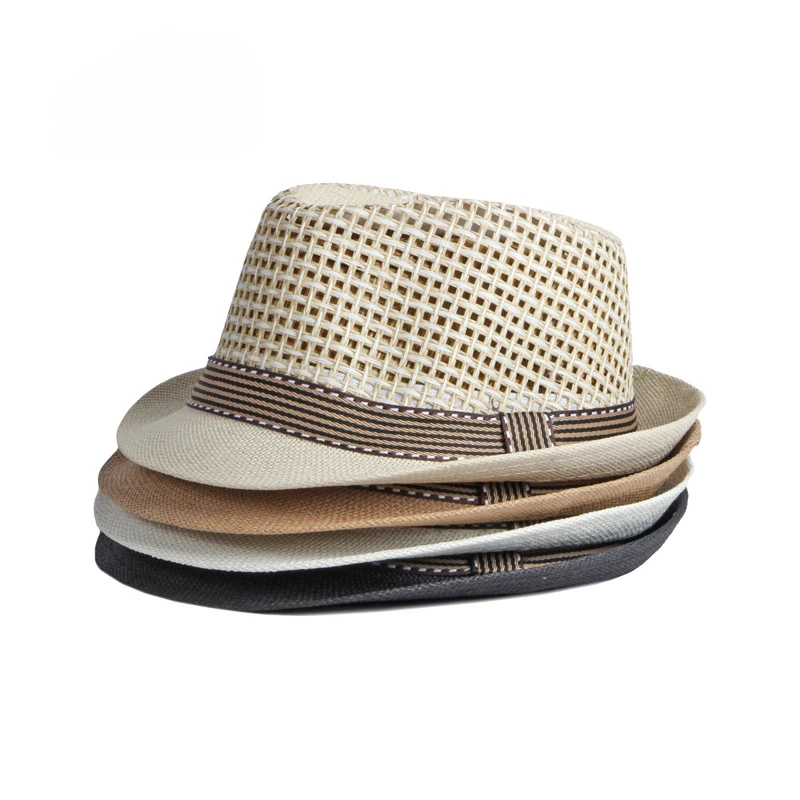 Chapeaux d'été en paille respirante pour hommes, petit chapeau haut-de-forme pour femmes, Protection solaire, chapeau de plage, casquette de Jazz rétro britannique, chapeau Fedora en maille noir