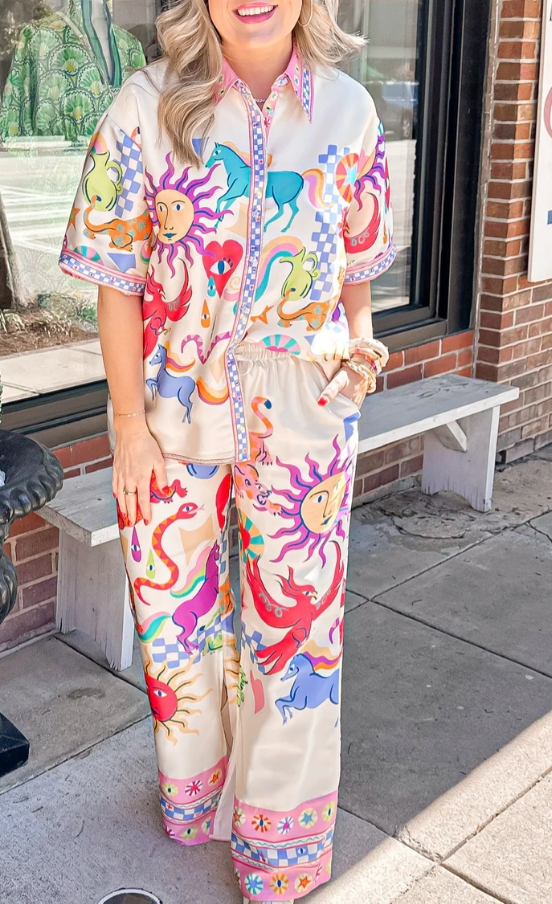 Tenues d'été pour femmes, ensemble de vêtements 2 pièces, imprimé soleil, chemises à manches courtes, taille élastique, pantalons longs
