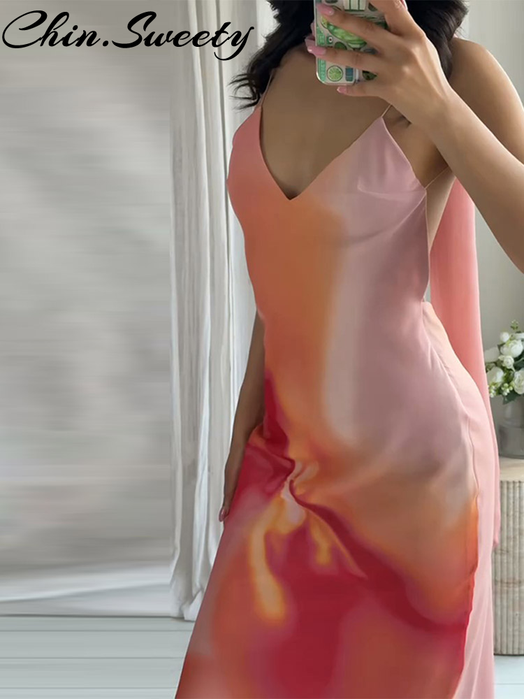 Sexy dégradé imprimé écharpe fronde longue robe femmes fête vacances sans manches dos nu femme robe de soirée 2025 dame robes