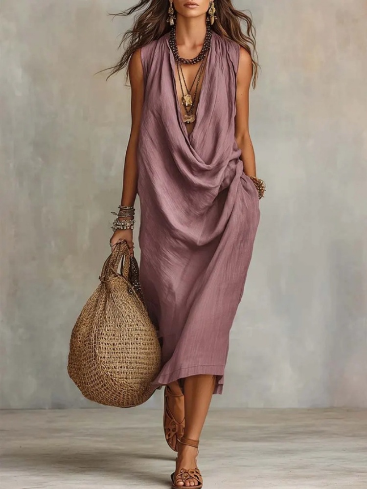 Robe longue élégante en coton et lin pour femme, col drapé ample, sans manches, avec poches, style décontracté pour l'été, la plage et les vacances