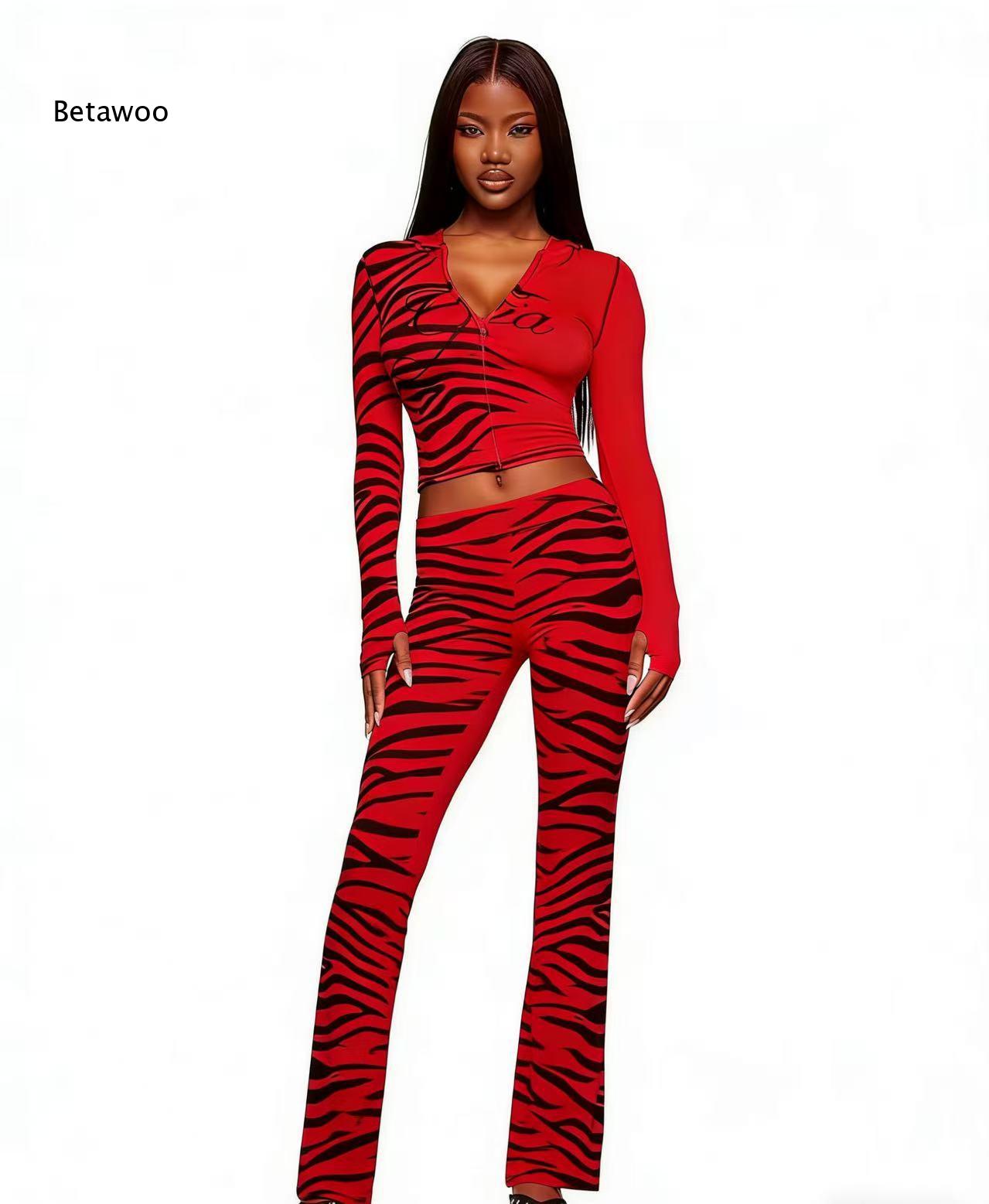 Ensemble 2 pièces imprimé animal pour femme : Crop top à manches longues et pantalon assorti – Look tendance moulant pour clubbing et streetwear