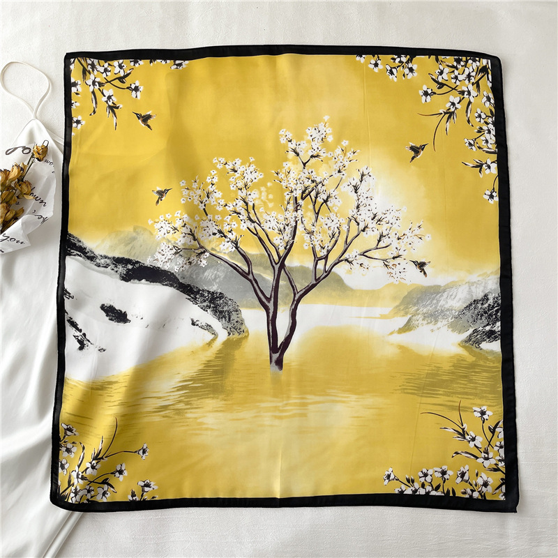 Écharpe carrée à imprimé Floral jaune de 27,56 pouces, avec bordure noire, accessoire élégant pour femmes, accessoire de mode, écharpe de cou
