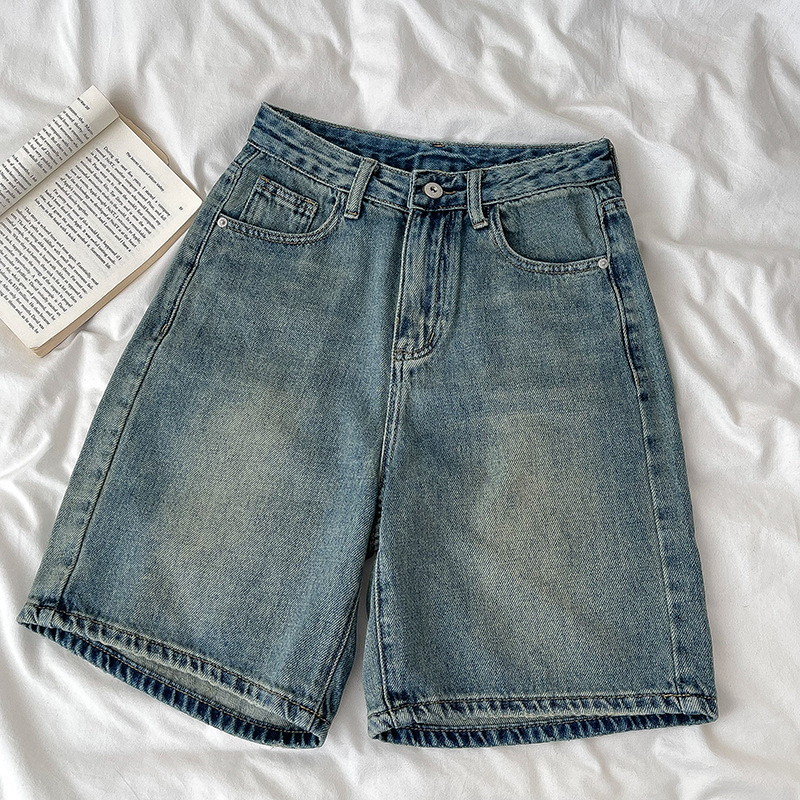 2025 femmes Denim Shorts taille haute Vintage lavé droit jambe large Denim jean fermeture à glissière genou longueur jean pantalons courts