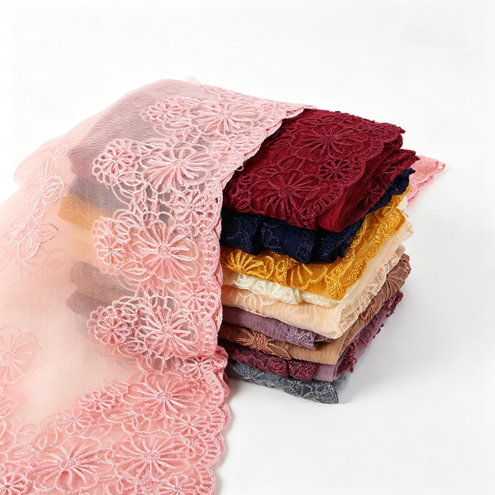 Hijab musulman brodé en dentelle pour femme, foulard en mousseline transparente à motif floral, voile islamique, bandana, accessoire de prière quotidienne