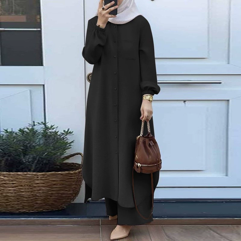 Ensemble de vêtements de sport deux pièces pour femmes, chemise à manches longues, pantalon à jambes larges, monochromatique élégant, vêtements de luxe islamiques, arabe