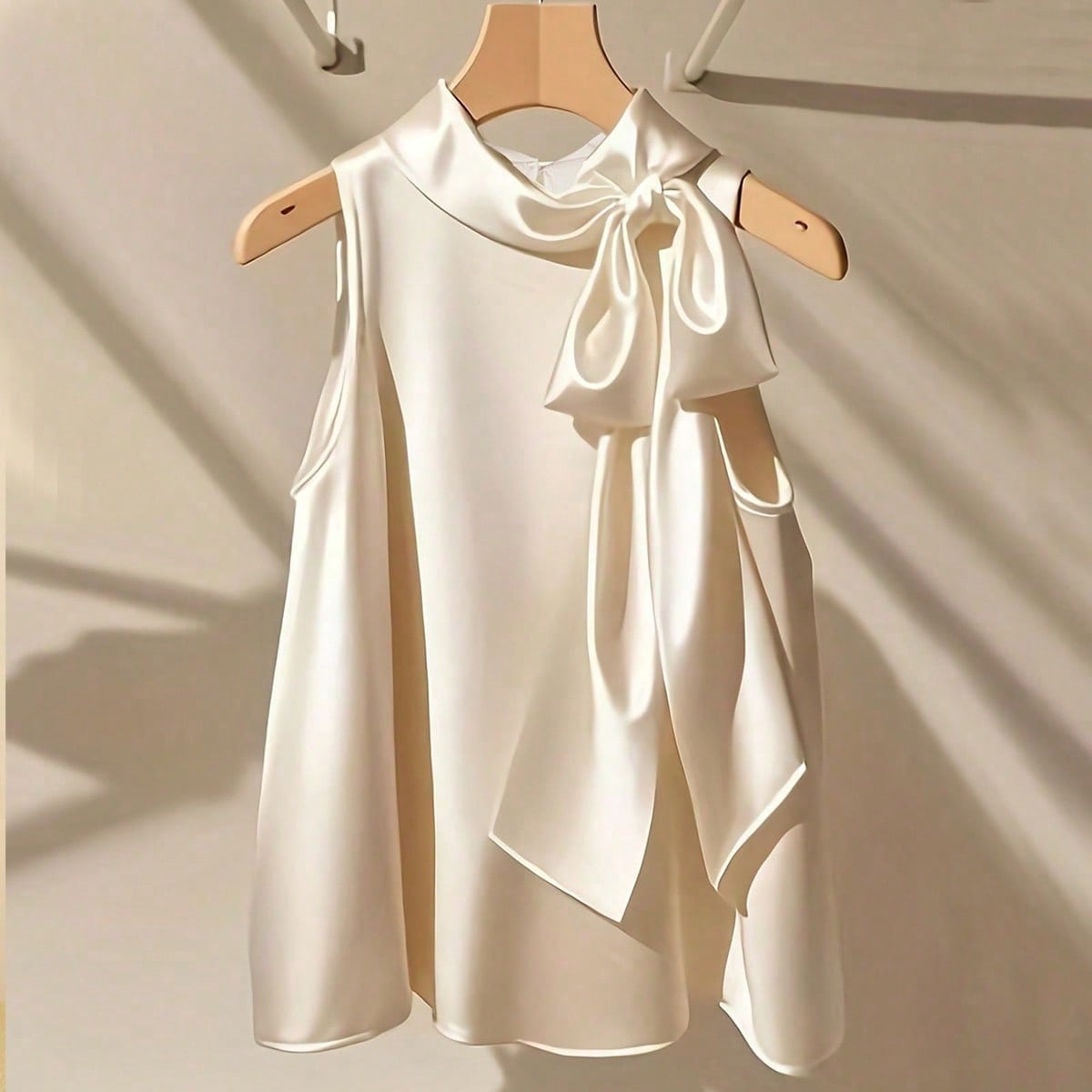 Chemisier sans manches en satin pour femmes, 100% polyester, col à nœud papillon, élégant débardeur de bureau