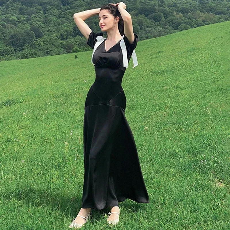 Robe Maxi Élégante à Lacets avec Nministériels d pour Femme, Col en V, Bouffante, Mode Plage, Vacances, Tenues d'Épissure, Été
