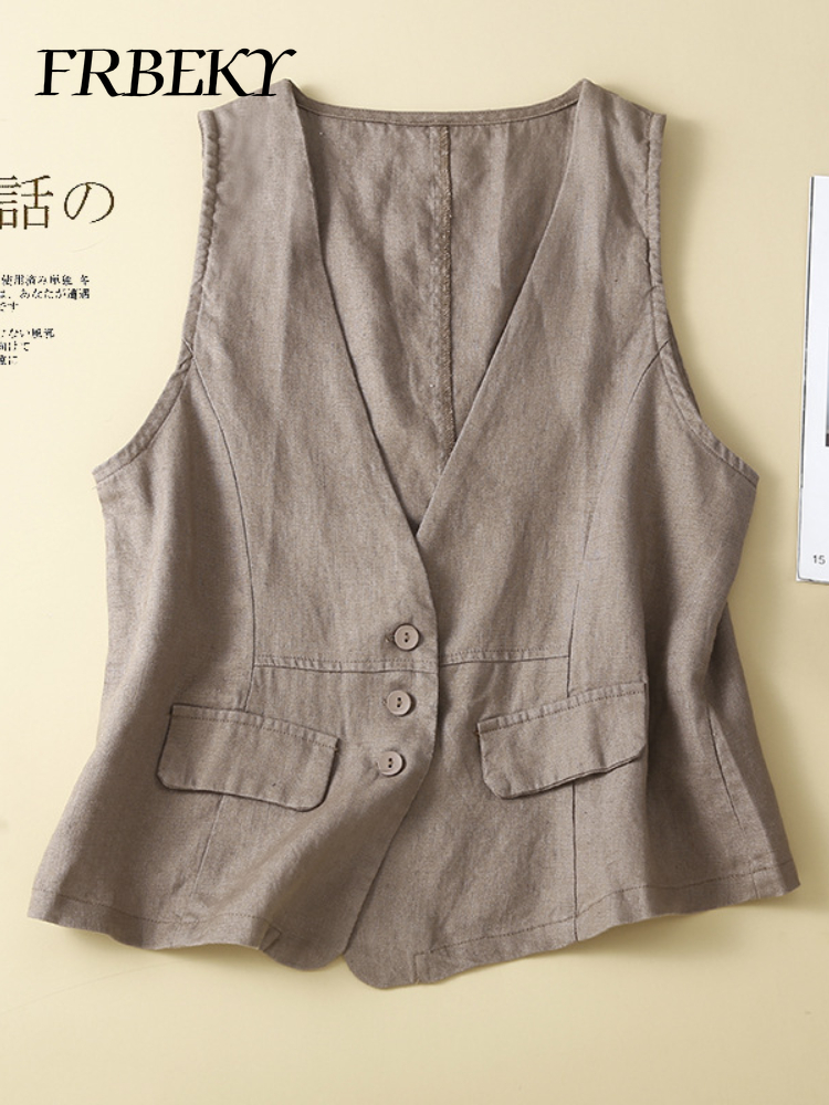Glafor-Veste en Coton et Lin pour Femme, Streetwear observateur et Vintage, Col en V, Décontracté, FibrThin, Été
