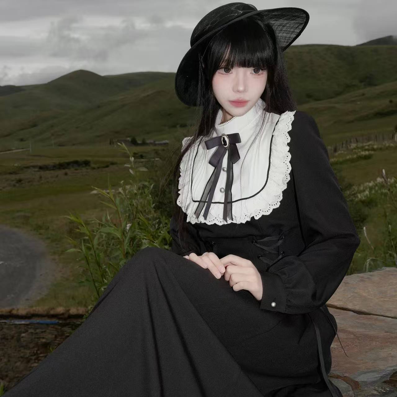 Robe mi-longue gothique Vintage pour femmes, tenue de soirée Kawaii avec nœud Lolita, en dentelle Harajuku, Patchwork, nouvelle collection