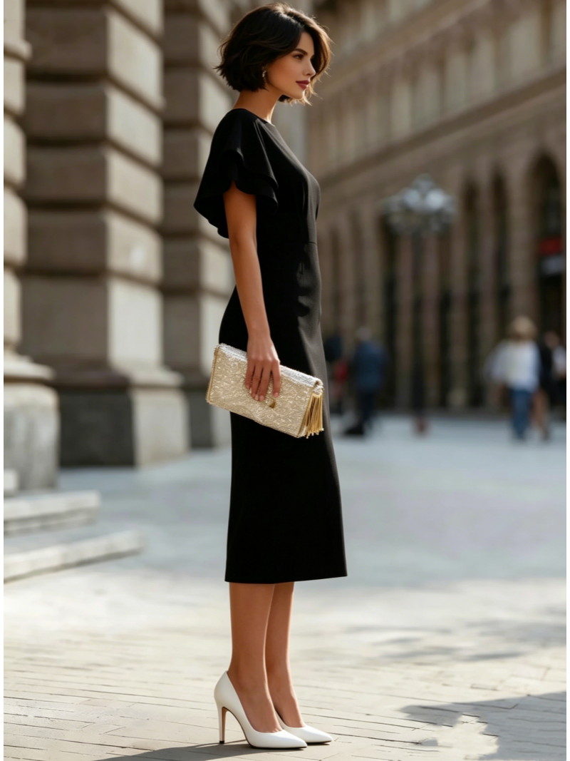 Robe midi élégante à manches à volants pour femme, coupe ajustée, moulante, pour soirée, mariage, invitées, cérémonie, soirée formelle