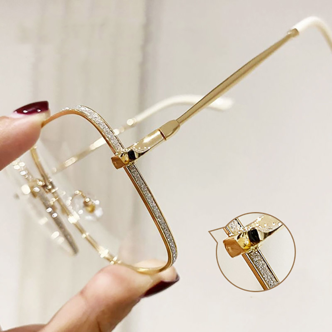 Mode métal grand cadre carré Anti lumière bleue lunettes or argent noir lentille paillettes lunettes plates Production des yeux lunettes unies