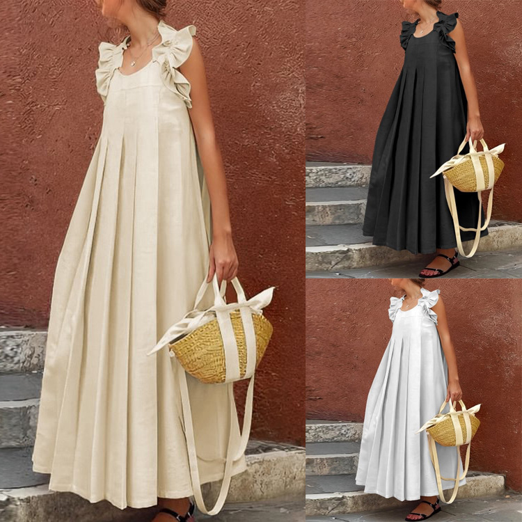 Robe longue décontractée sans manches, couleur unie, mode, ample, plissée, grand ourlet, ligne a, nouvelle collection printemps été, robes de Style de vacances