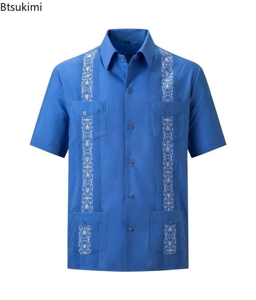 Chemises Guayabera pour hommes, vêtements traditionnels brodés à quatre poches, chemises cubaines mexicaines à manches courtes, nouvelle collection
