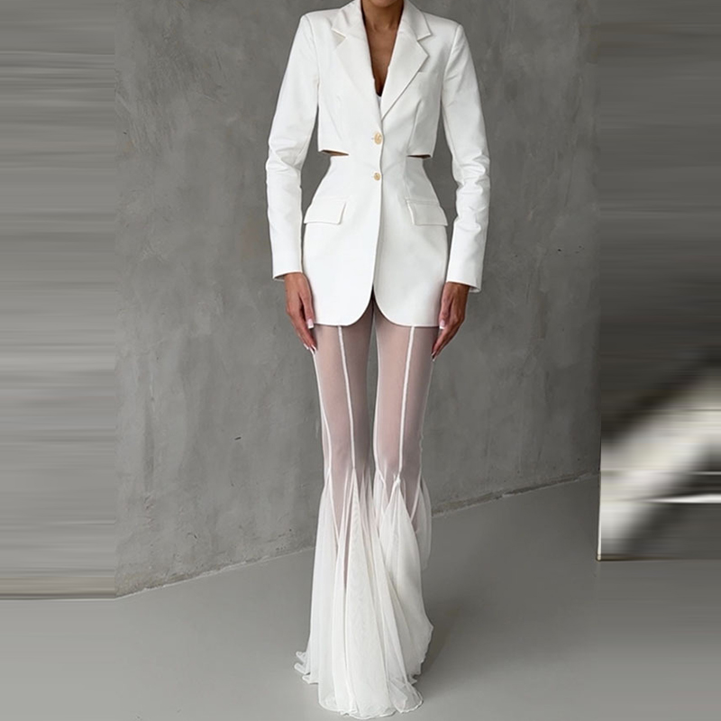 Pantalon droit Slim taille haute pour femmes, élégant, Sexy, transparent, évasé en maille, couleur unie, Long, pour les déplacements, été