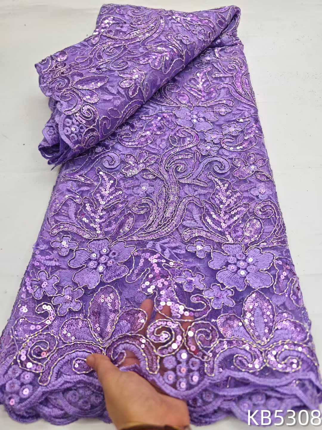 Tissu de dentelle africaine 2026 violet lilas à sequins, tissu de dentelle en tulle, tissu nigérian, dentelle française en maille pour la couture KB5308