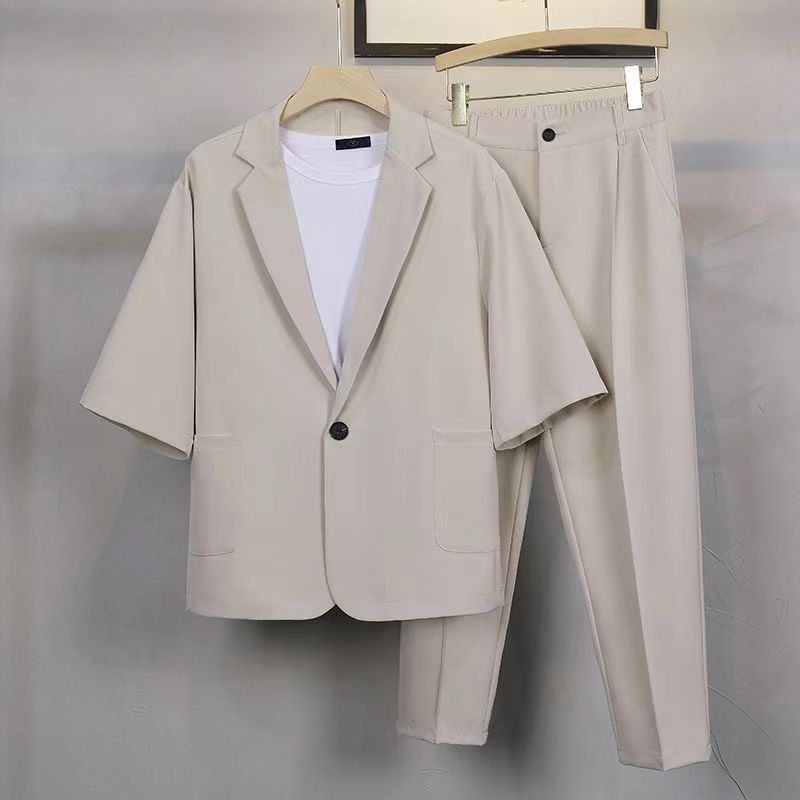 Costumes formels de style coréen pour hommes, vestes à manches courtes et pantalons longs pour hommes, coupe couvertes simple, monochromatique, ensembles de 2 pièces, printemps, automne