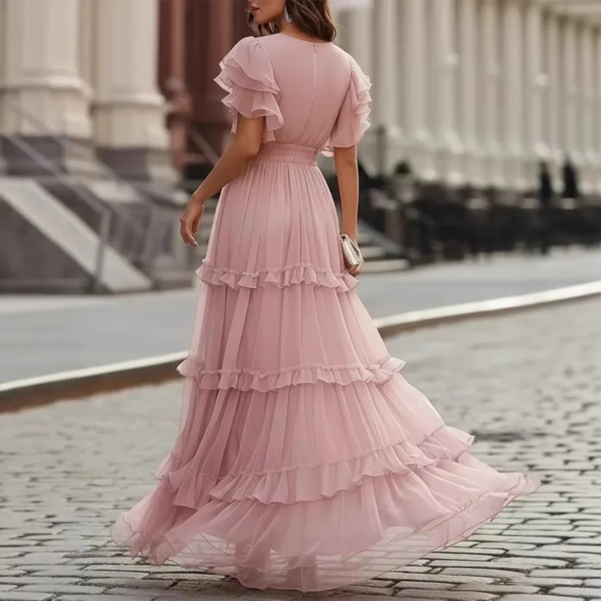 Robe longue en mousseline pour femme, col en V profond, manches courtes à volants, ourlet à volants, fluide et élégante, pour invitées de mariage, soirées et fêtes