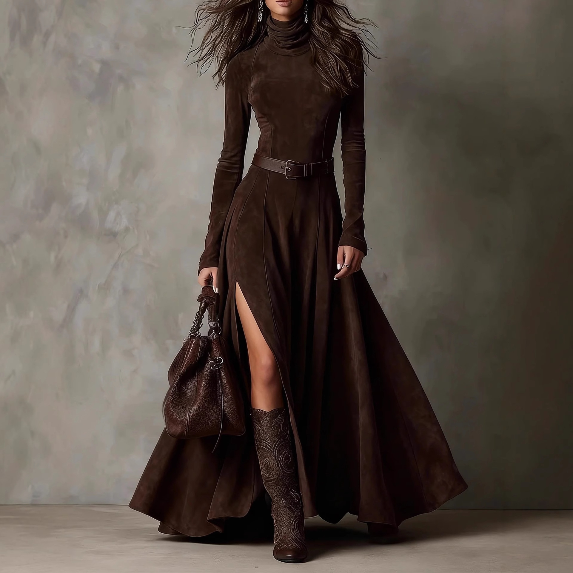 Robe élégante à manches longues et col montant pour femme, nouvelle collection 2026