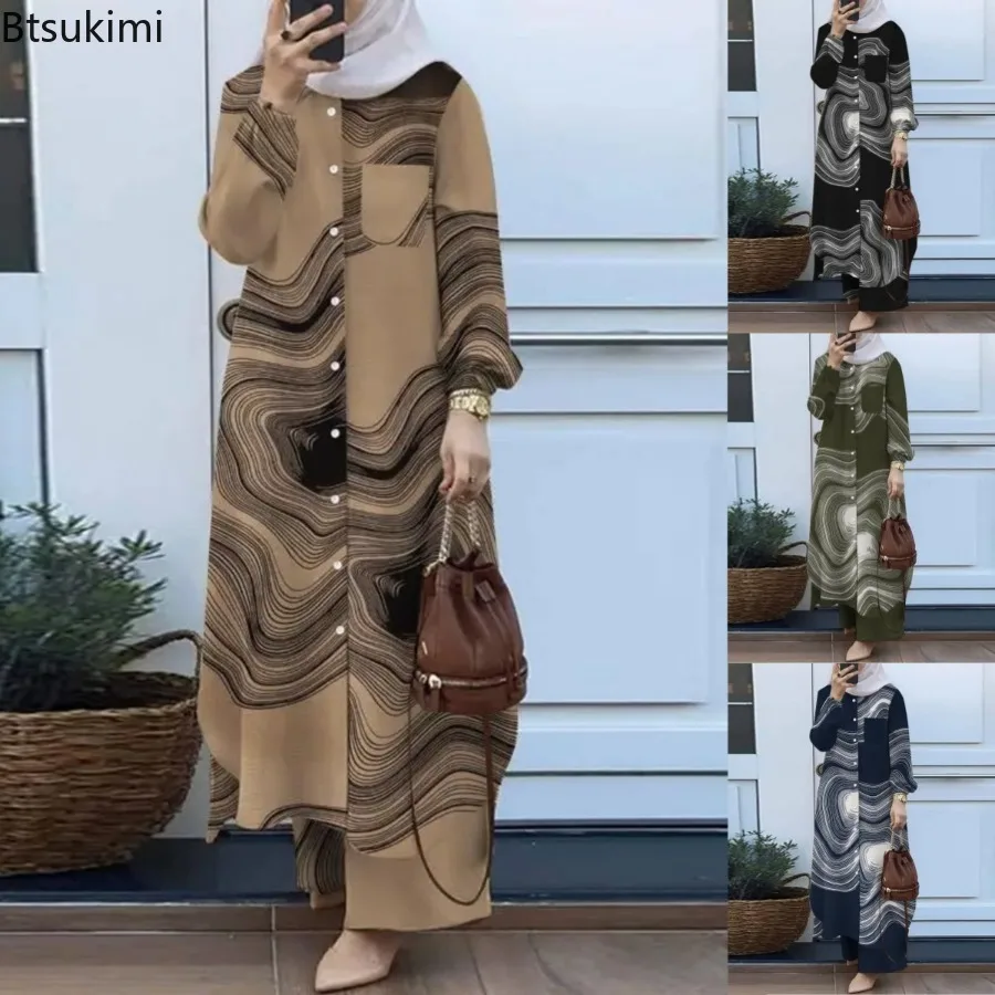 Chemisier et pantalon à imprimé floral pour femmes musulmanes, ensembles assortis, décontracté, élégant, vintage, ramadan, mode féminine, Eid Mubarek, trempé