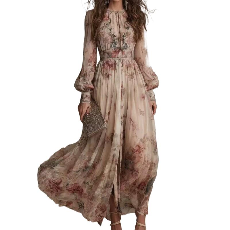Robe bohème élégante à imprimé floral, taille haute, pour femmes, col rond, ourlet ample, manches longues, robe de vacances, vestidos.
