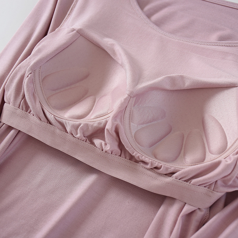 T-shirt Slim One Piece avec coussin de poitrine pour femme, soutien-gorge et bonnet, haut féminin, chemises à fond, vêtements de maison, pyjamas