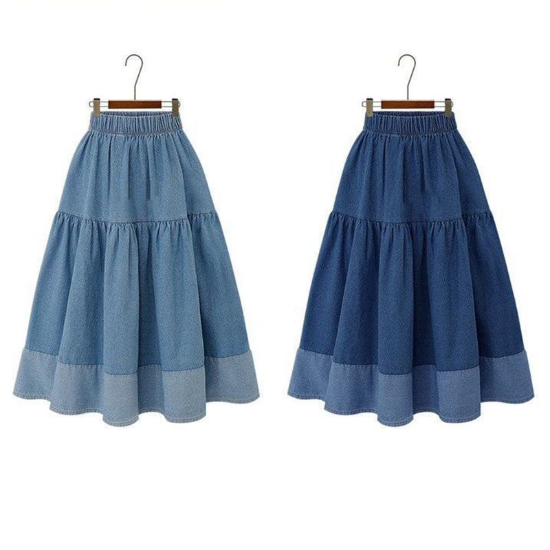 Jupe en jean bleu femmes taille haute jupes longues à plusieurs niveaux Denim élastique tenue décontractée taille élastique une ligne jean jupe filles vêtements