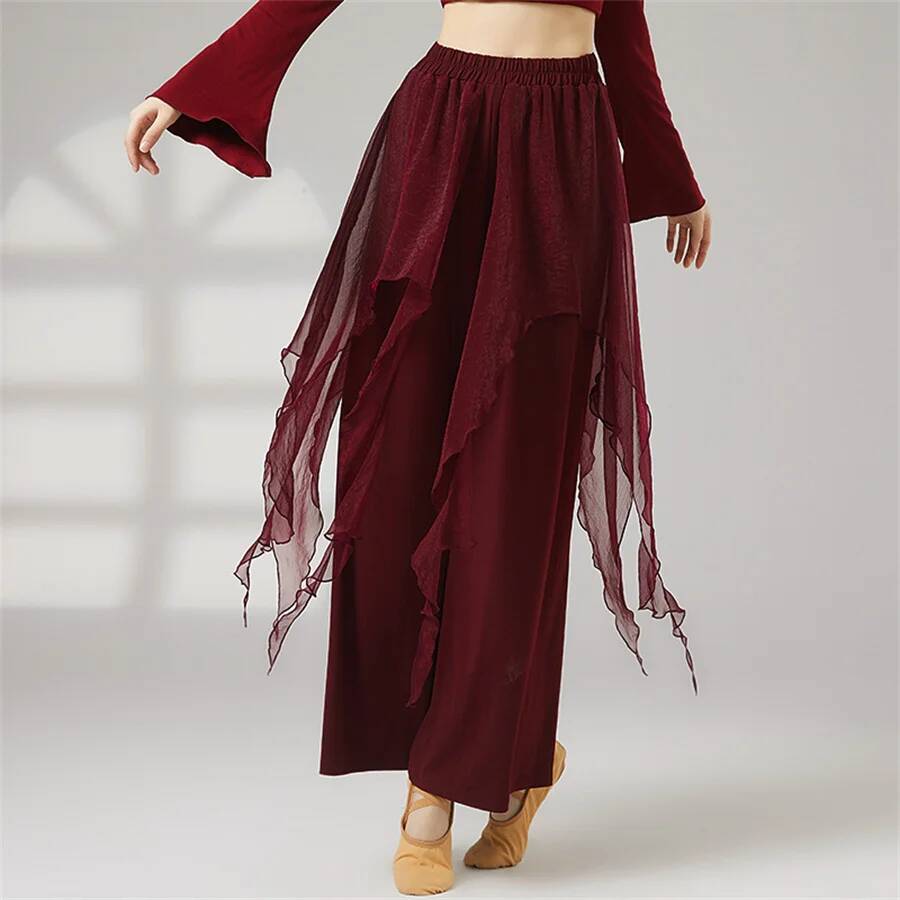 Pantalon de danse classique pour femme, en polyester, coupe large, taille irrégulière, élégant, avec voile, costume de danse moderne, pantalon de danse pour adulte