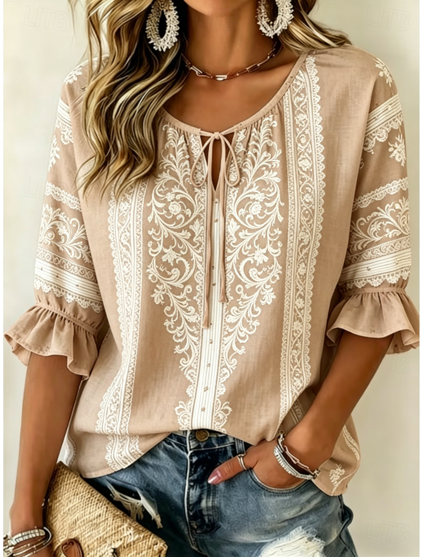 Chemisier beige à imprimé floral ethnique pour femme, haut décontracté ample à nouer sur le devant pour le printemps et l'été