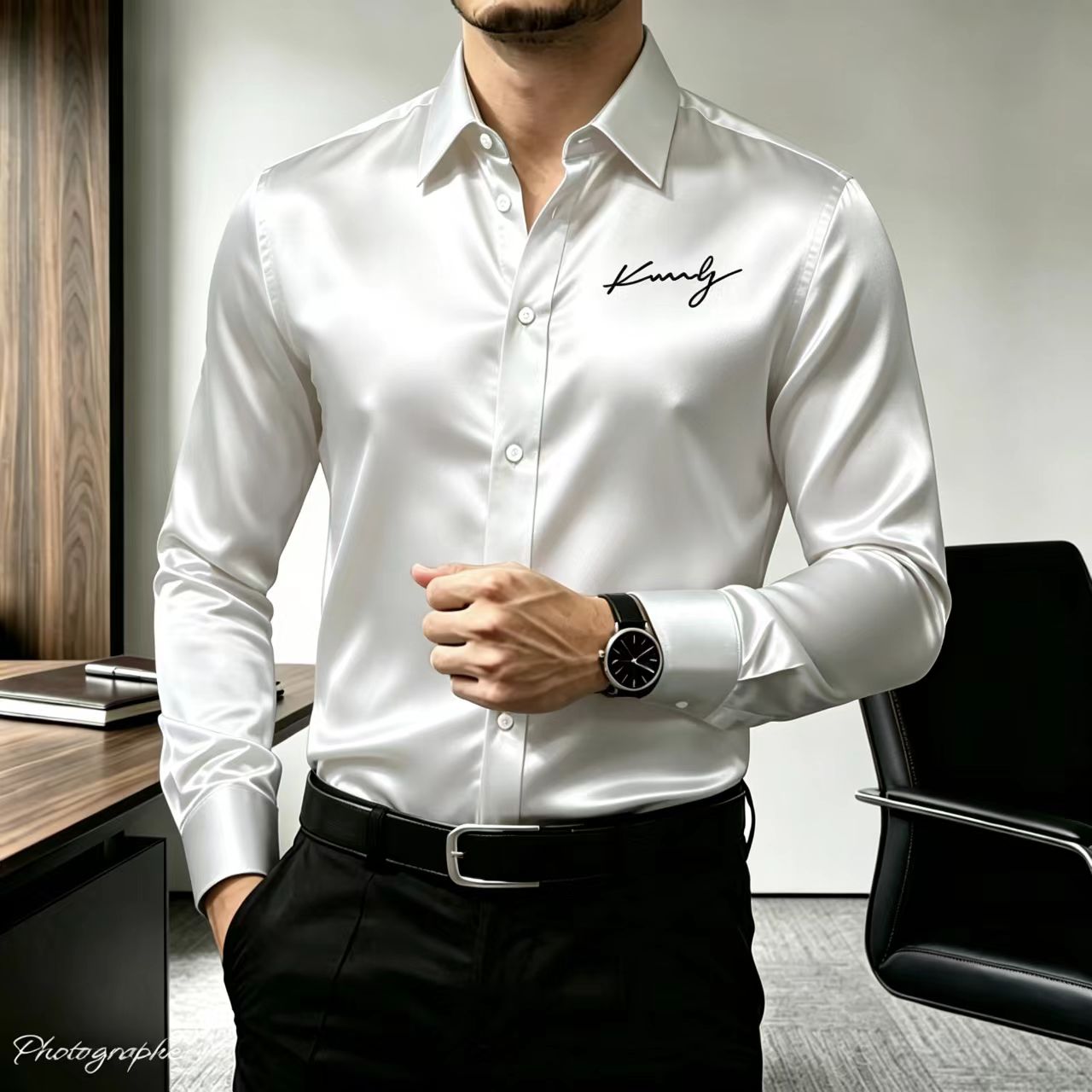 Chemise habillée homme en satin de soie à manches longues, imprimé lettres, coupe ajustée, boutonnée, pour affaires, décontractée, soirée, mariage, formelle
