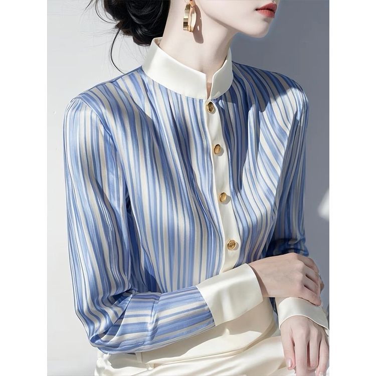 Chemise en mousseline de soie pour femmes, nouveau Cardigan Unique à manches longues avec boutons rayés contrastés gris, printemps