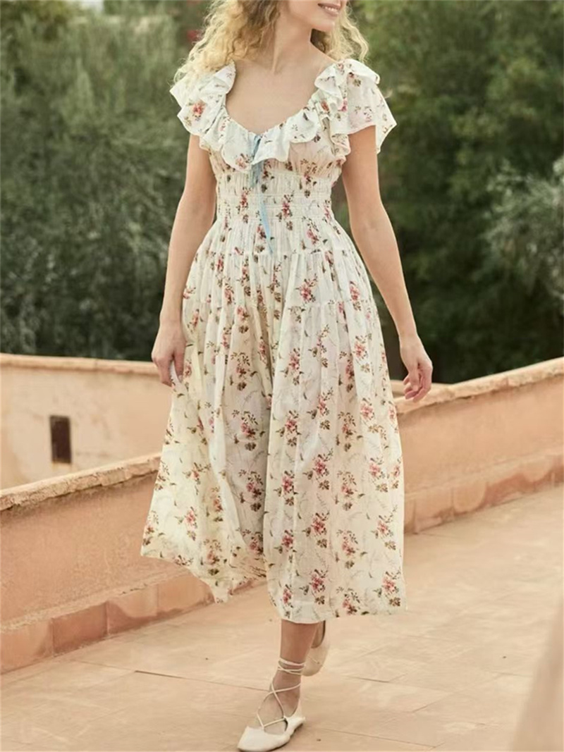 Robe longue plissée à imprimé floral pour femme, col à volants, manches volantées, taille élastique, 100 % coton, idéale pour les vacances
