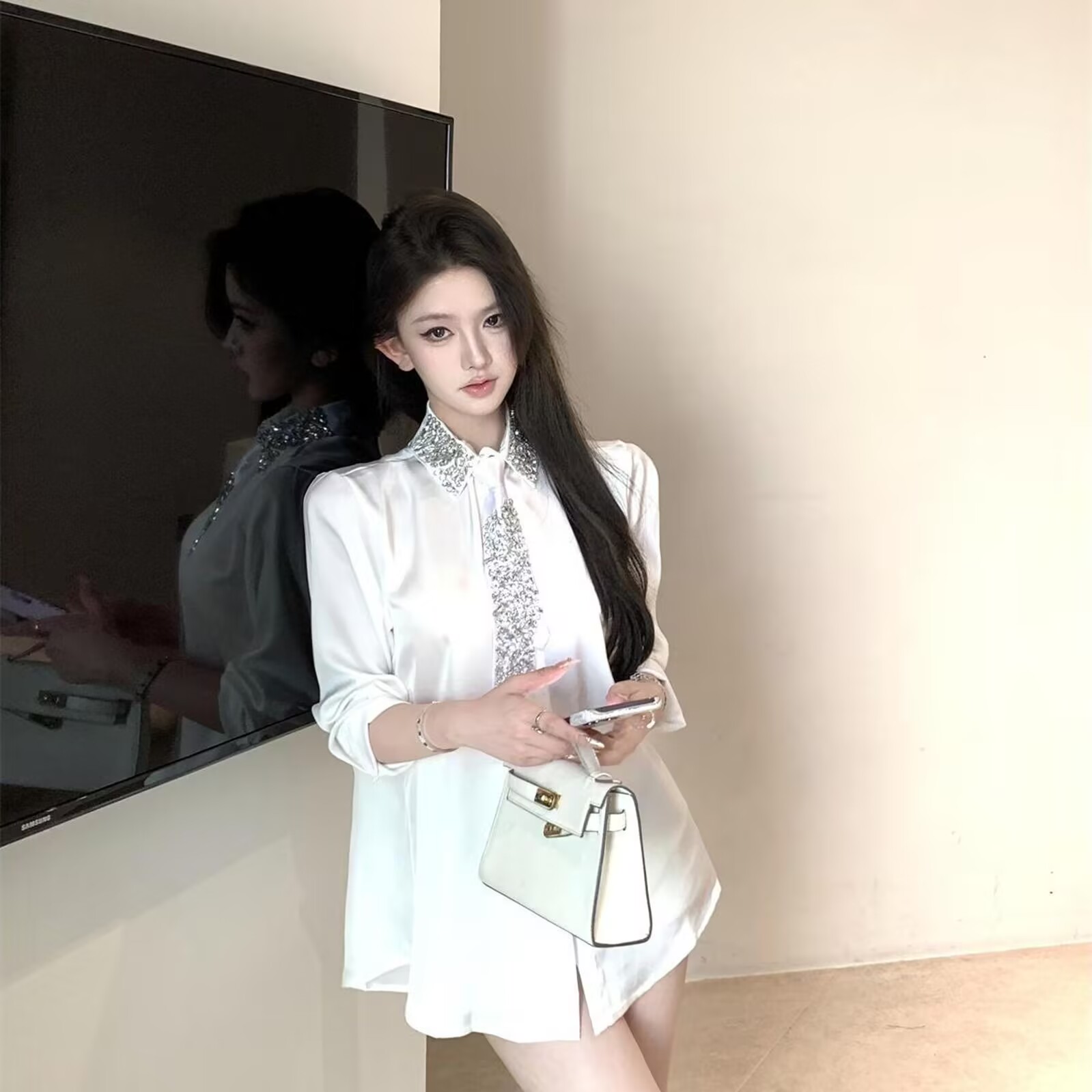 2025 femmes chemise blanche nouveau printemps automne cristal perles avec cravate en mousseline de soie chemise femmes Blouses dames hauts femmes vêtements