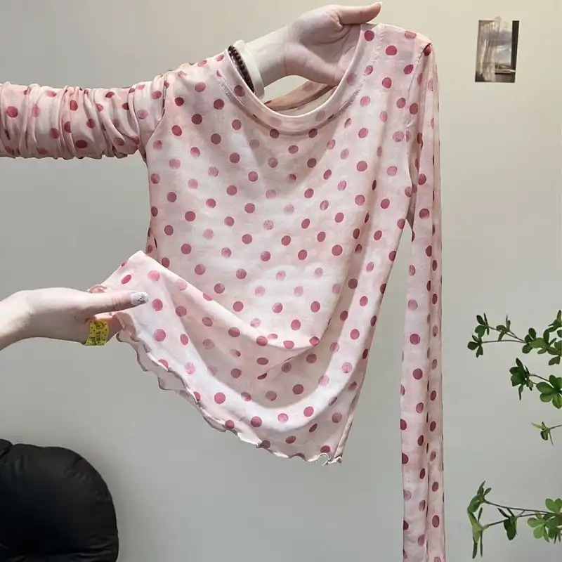 Vêtements d'été pour femmes, chemisier de Protection en maille dégradée avec imprimé à pois, t-shirts au Design polyvalent, haut à manches longues à bords de champignon