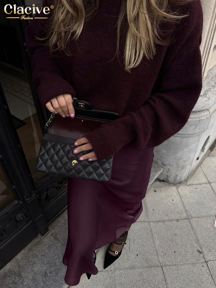 ClacMarkets-Jupe en satin rouge vin pour femme, élégante, taille haute, longueur de rinçage, décontractée, simple, vêtements féminins, mode