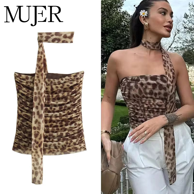 MUJER imprimé léopard haut court femme froncé Tulle haut Corset femmes épaules nues haut à licou femme Sexy dos nu bustiers pour les femmes