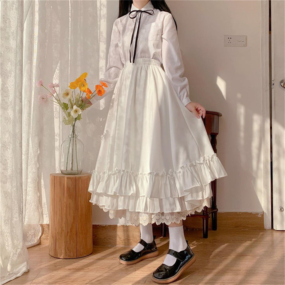 Style coréen noir blanc demi-jupe femme jupes longues japonais couleur unie Double couche Vintage français à volants a-ligne jupe