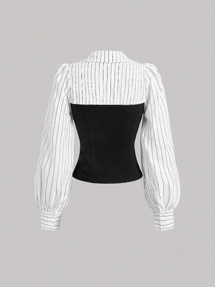 Chemise rayée élégante pour femmes, chemisier de bureau décontracté d'affaires avec revers épissé, chemise de travail cintrée à la mode