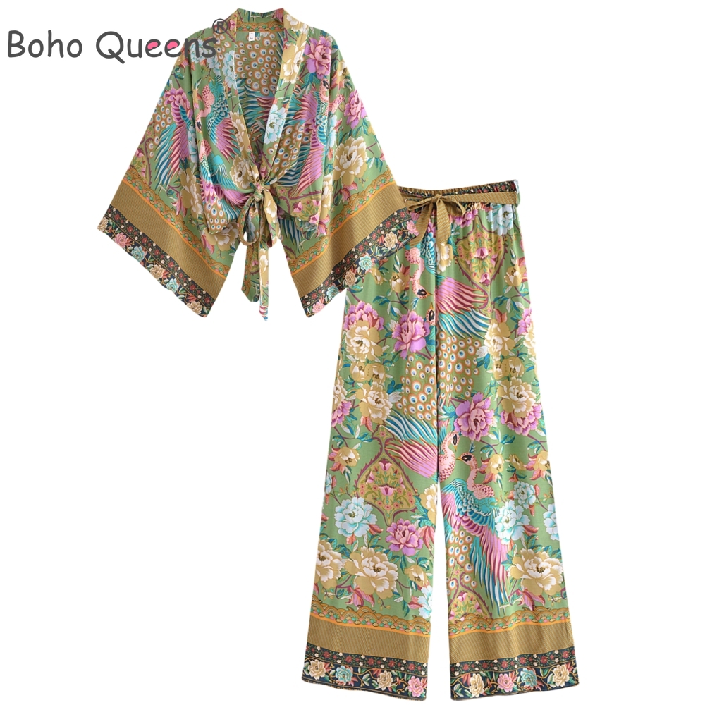 Boho Queens femmes paon imprimé fleuri tenues courte Kimono Robe bohème costumes pantalons à jambes larges 2 pièces rayonne Boho ensembles maillot de bain