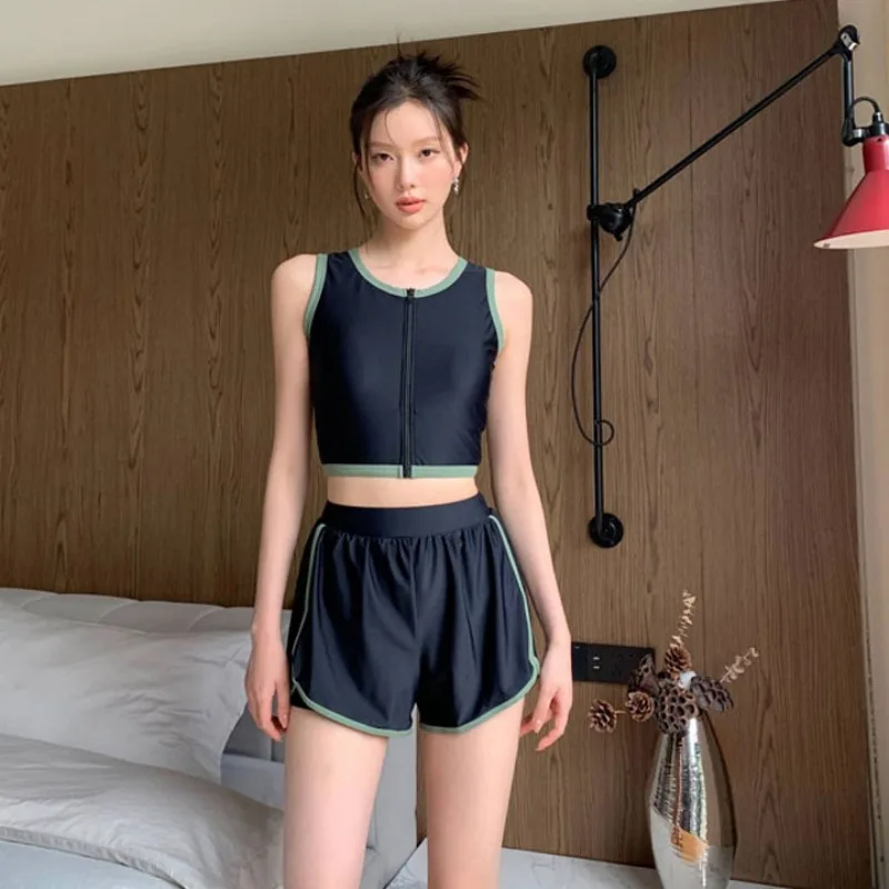 Maillot de bain deux pièces noir, style coréen, pour femmes, culotte taille haute, vêtements de plage, pour baigneurs, nouvelle collection, 2025