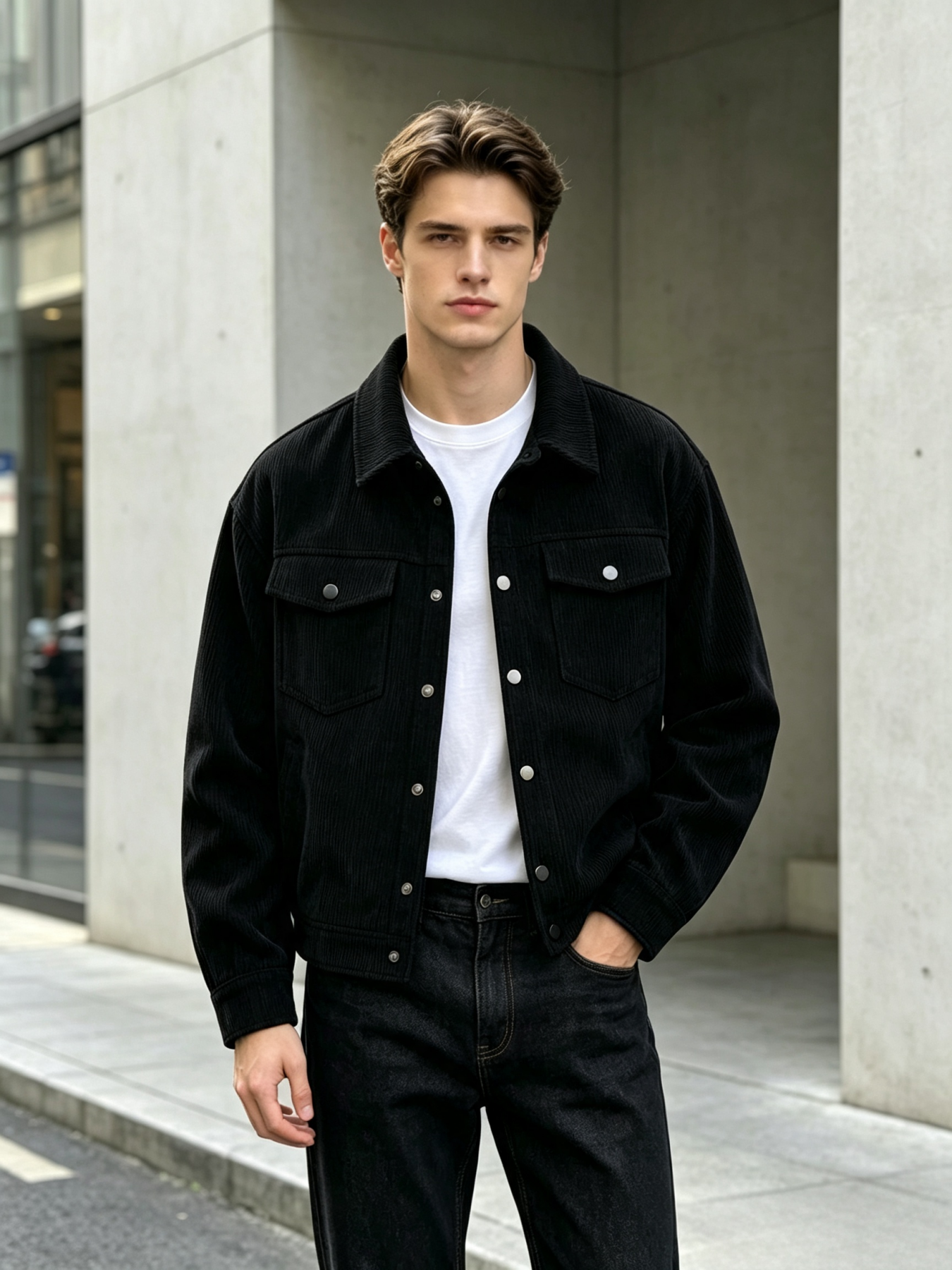 Veste en velours côtelé vintage pour homme, coupe décontractée, style camionneur, col rabattu, fermeture boutonnée, veste de travail avec poches sur la poitrine, printemps A
