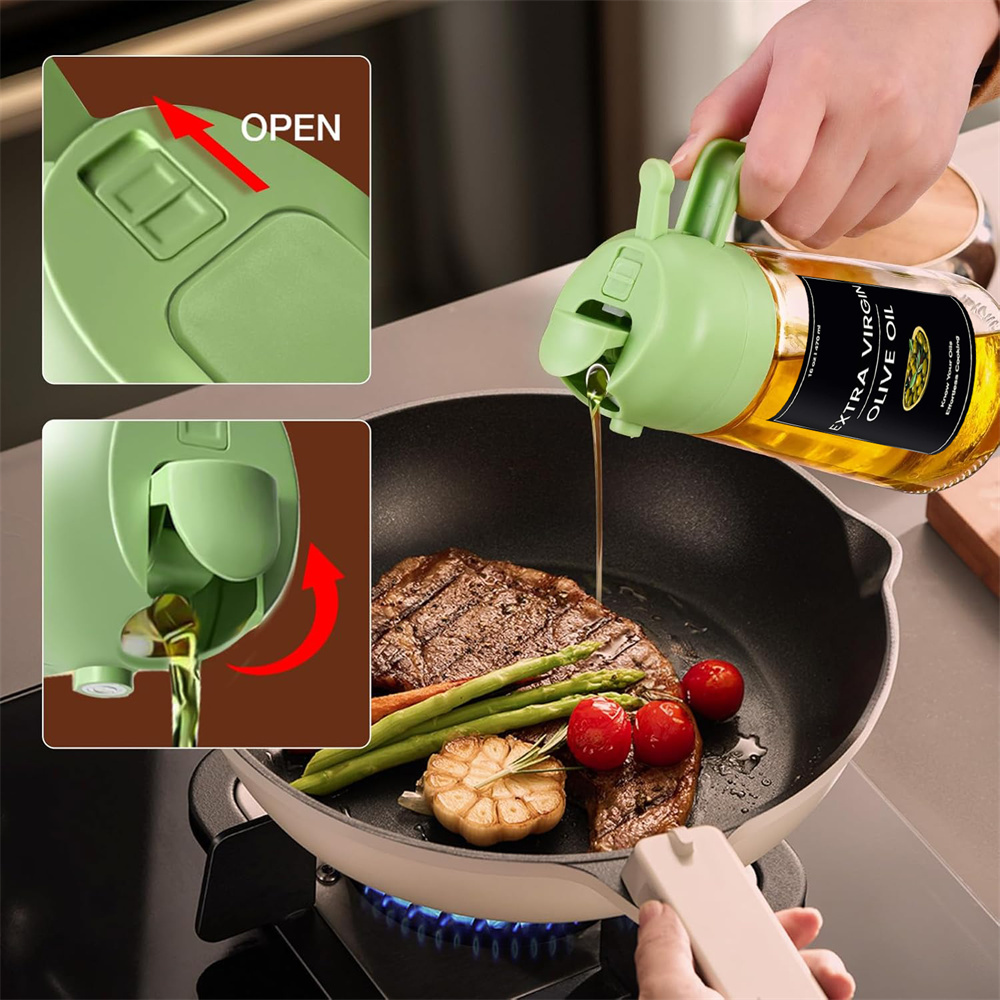 Pulvérisateur d'huile pour la cuisson, bouteille distributrice d'huile d'olive 2 en 1 pour la cuisine avec autocollants, verre Premium 16oz/470ml, brumisateur d'huile de qualité alimentaire