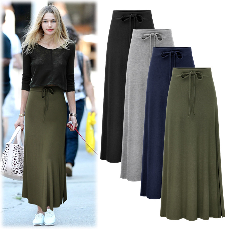 Jupe en tricot tendance grande taille pour femme, taille haute, mi-longue, fendue, élastique, coupe trapèze, au-dessus du genou, pour 100 kg