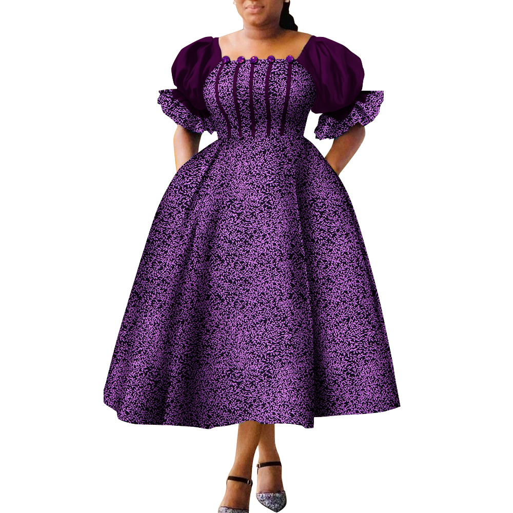 Robes de style africain pour femmes, robe de princesse Ankara, manches bouffantes, taille haute, vide, WY9970